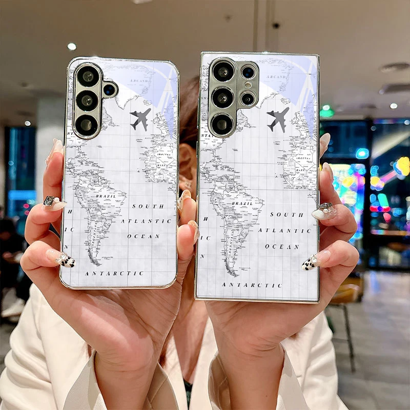 Vintage Grey Plane Electroplated Silver Phone Case For Samsung Note10 20 A06 A07 A12 A13 A14 A15 A16 A17 A22 A23 A25 Glass Cover