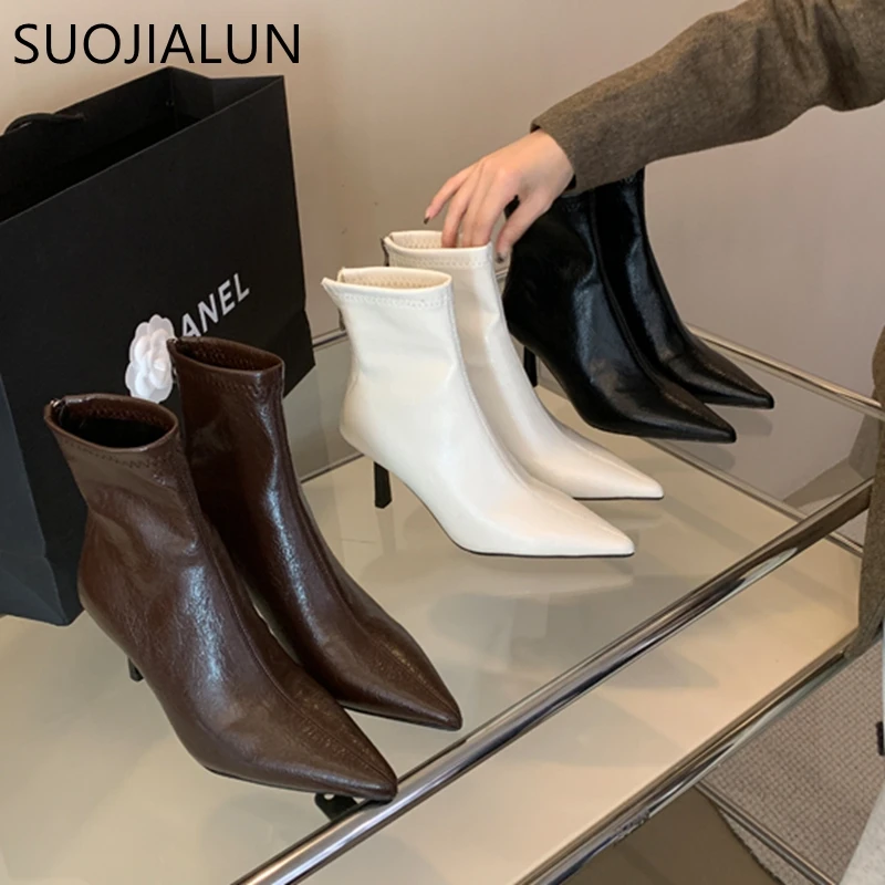 SUOJIALUN 2024 Winter New Brand Women Ankle Boots Fashion Pointed Toe Ladies Elegant Short Boots Shoes Thin High Heel Chelsea Pu