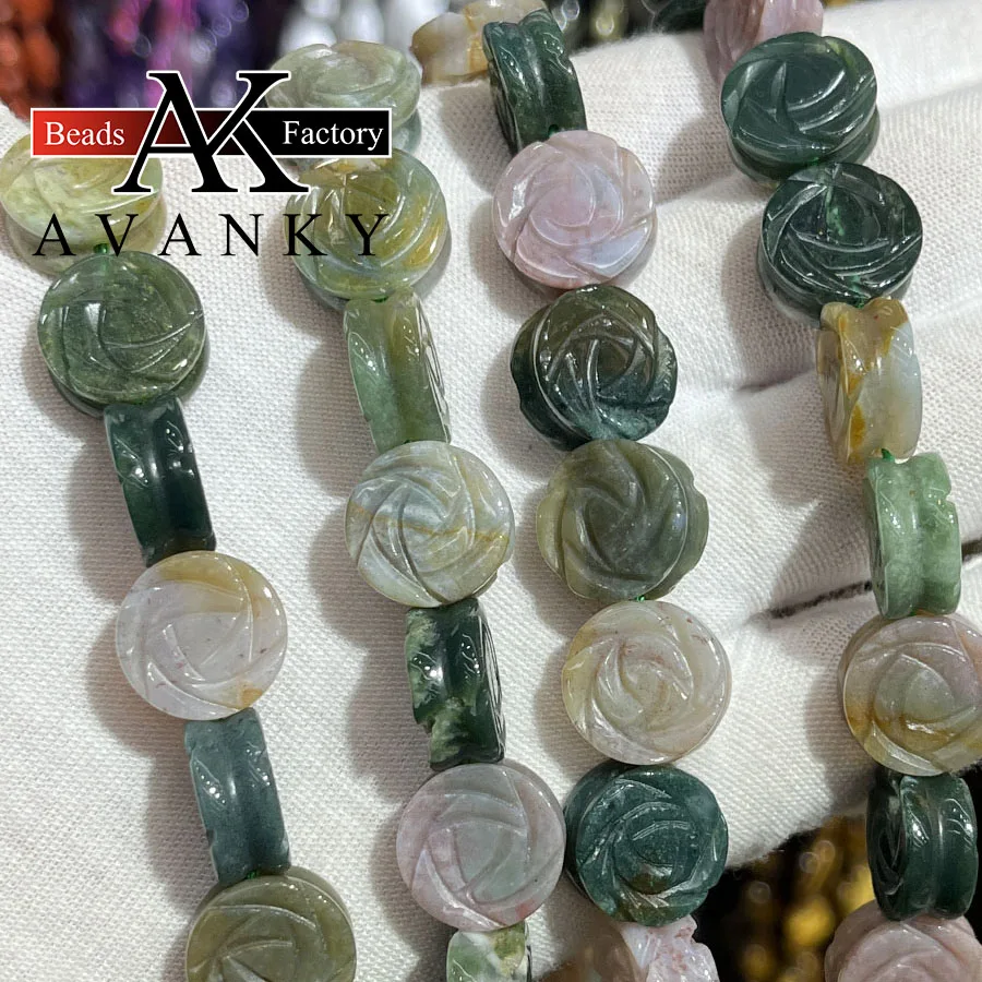 Natural Stone Indian Agate Cake Rose Flower Shape Faceted Loose Beads Jewelry Making DIY Necklace Bracelet Accessory 15''14mm