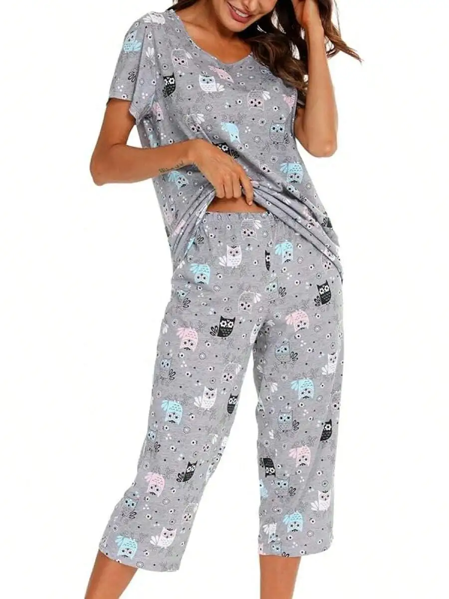 Womens Cotton Pajama Set Short Sleeve Top Capri Pants Sleepwear Owl Print