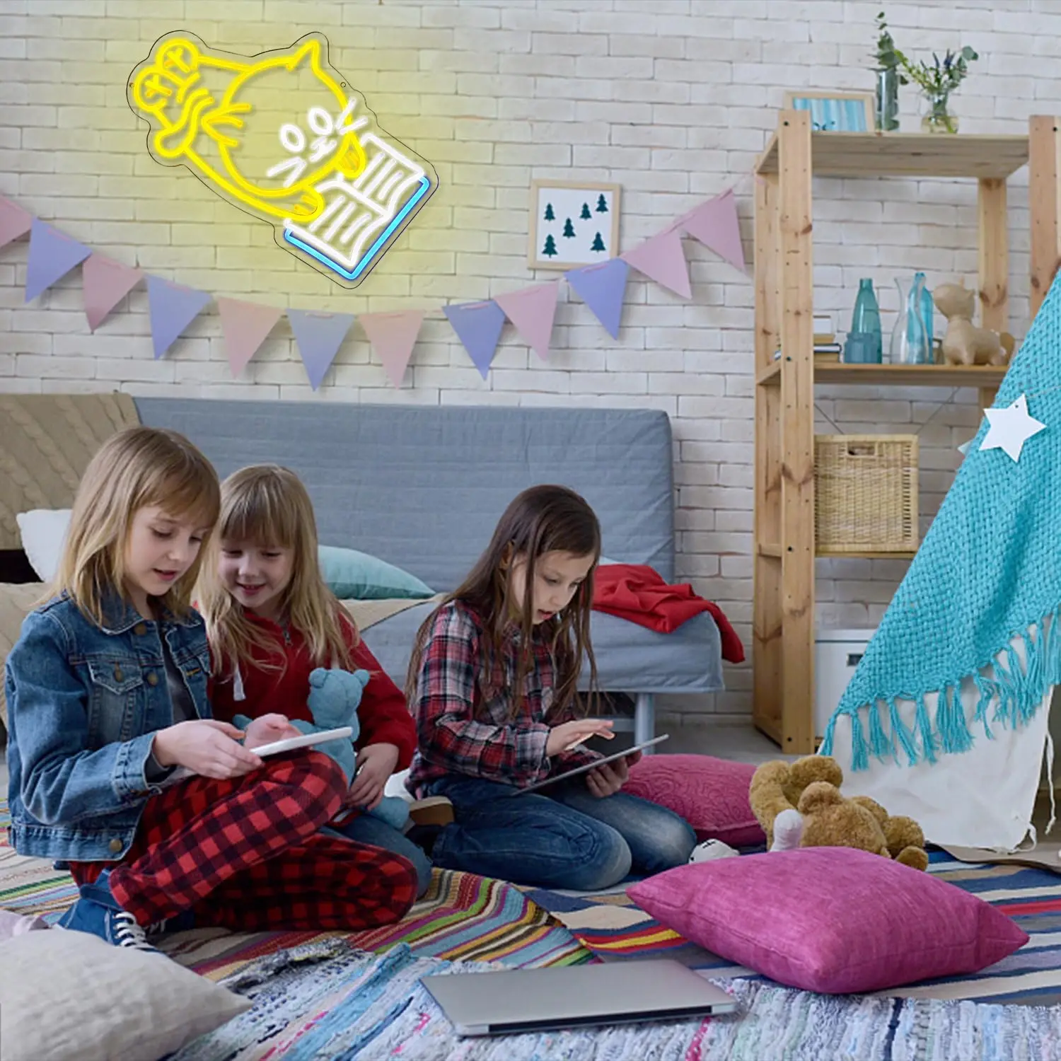 Cat Reading Book Neon Sign LED Reading Kitten Neon Lights Dimmable for Classroom Library Children Studying Room Bedroom Decor