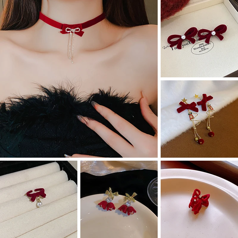 Christmas New Year's Red Color Flocking Bowknot Rhinestones Fringe Necklaces for Women Earrings Hair Claws Rings Holiday Jewelry