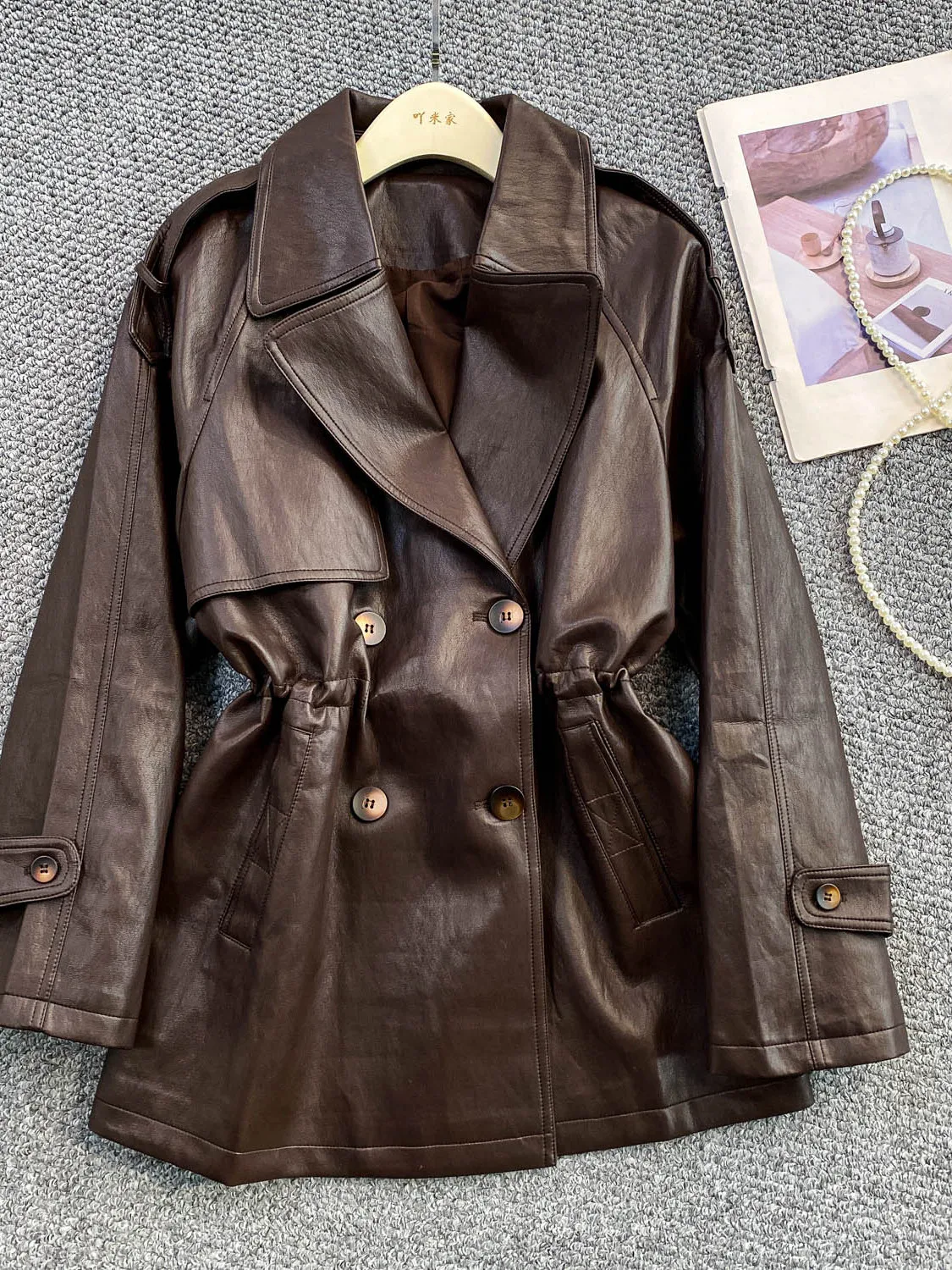 

Bury Retro Motorcycle Leather Jaet Women's Winter Long Cool Sle Coat Button Closure Loose Fit Faionable Outerwear