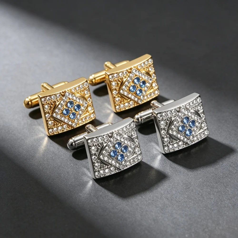 Men's Square Blue Crystal Cufflinks High Quality French Alloy Geometric Rhinestone Cuff Links Snap Button for Formal Dress Shirt