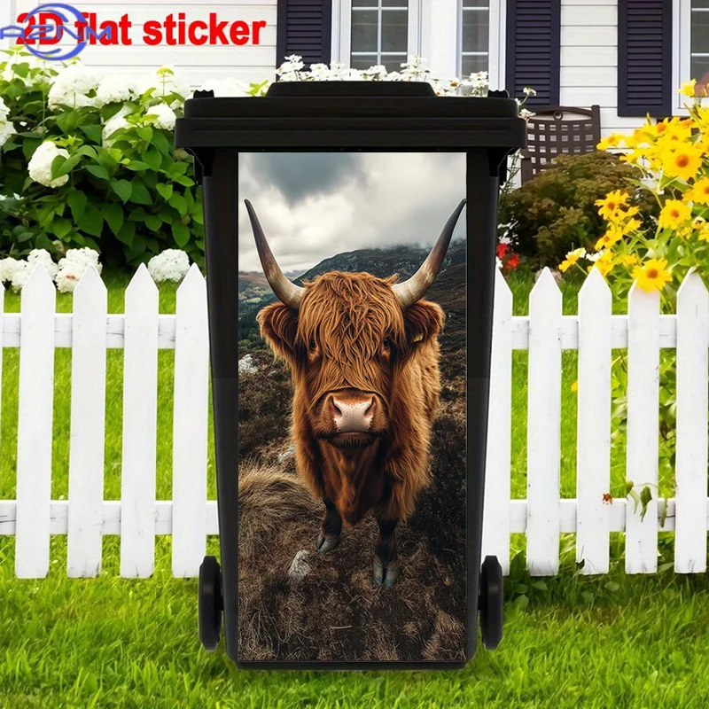Highland Cow Trash Can Sticker | Self-Adhesive, Classic Style, Polyvinyl Chloride, High-Glossy End, 12.2X27.5In