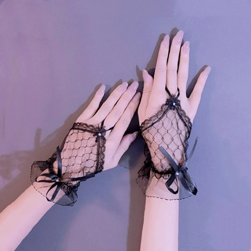 Gothic Short Black Gloves Female Harajuku Lace Bridal Wedding Halloween Lolita Dress Net Gauze Bow Hand Sleeve Fishnet Gloves