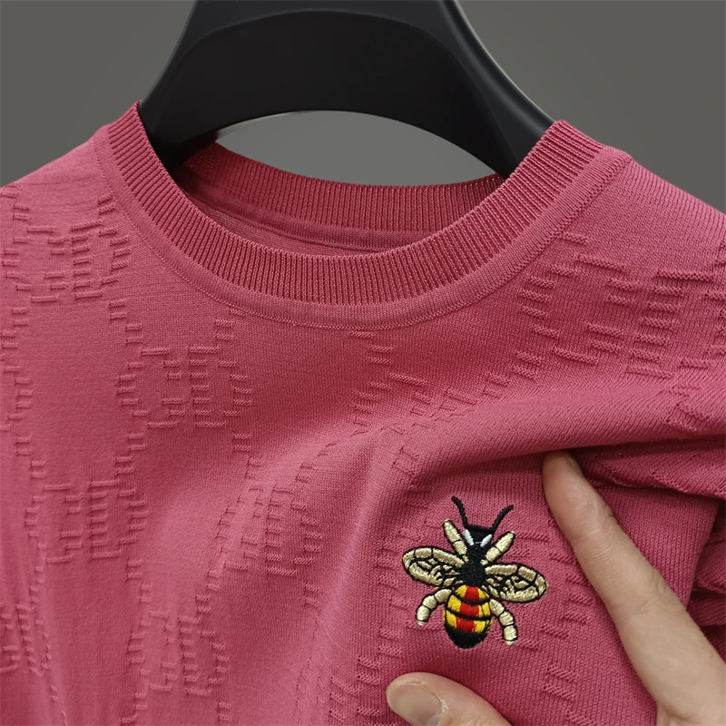 Men\'s Summer New Ice Silk Short Sleeve Exquisite Embroidery O-Neck Pullover T-Shirt Seamless Casual Breathable Top Men\'s Wear