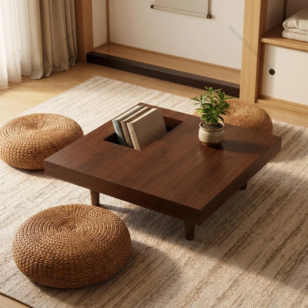 Square wooden coffee table, 34.5 inches, with storage; walnut coffee table suitable for the living room, bedroom or office