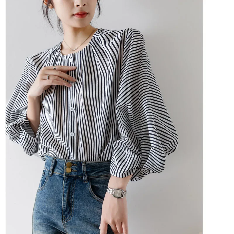 Stripes Vintage Women Blouses Spring/summer New Casual Women's Shirts Loose Korean Clothing Sales O-neck Chiffon Tops