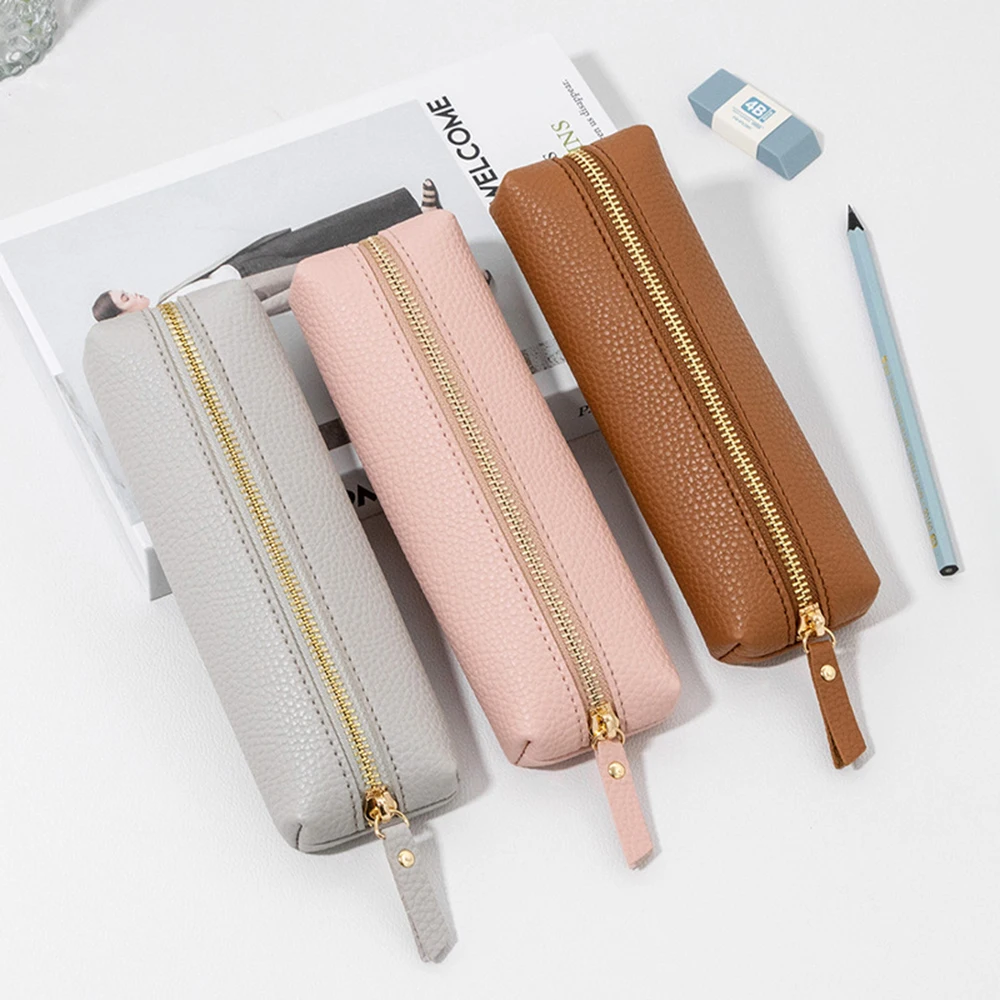 Simple Pu Leather Pen Bag Solid Color Large Capacity Soft Stationery Bag Pen Case Zipper Pencil Pouch Student School Supplies