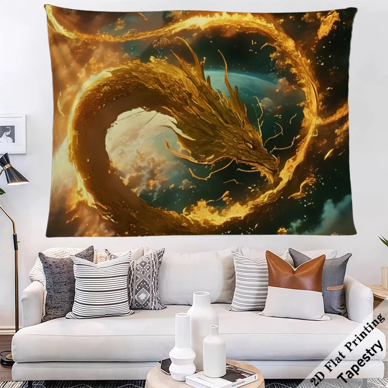 Epic Majestic Dragon Tapestry Wall Art Golden Fantasy Mythical Beast Cosmic Fire Nebula Decor Hanging Print