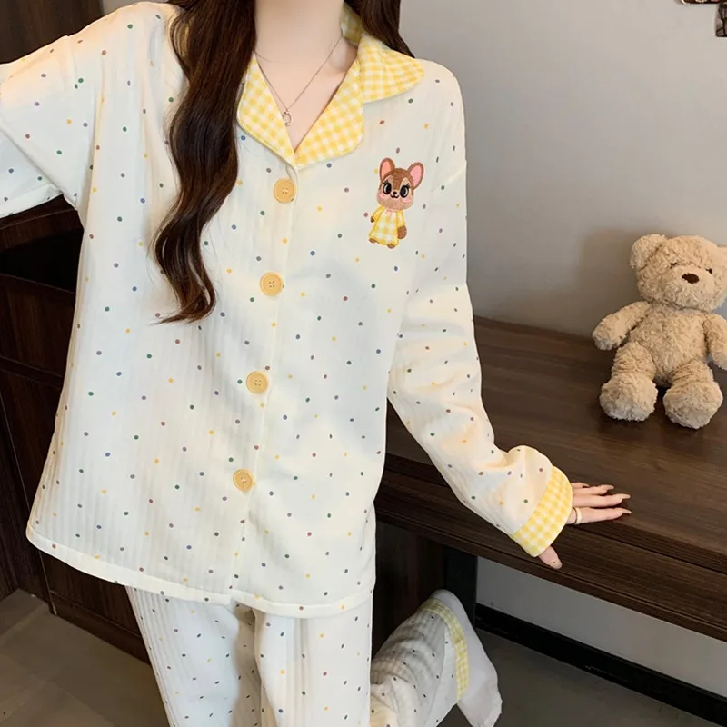 2 قطعة/المجموعة النساء أزياء طويلة الأكمام منامة الخريف والشتاء نقطة التطريز خنزير لطيف لينة عارضة ملابس خاصة مجموعة خارج المنزل #4