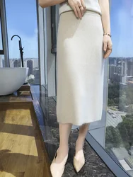 100% Mink Cashmere Half Skirt Women Mid-Long Elastic High Waisted A-line Skirt Loose Knit Hip Skirt Autumn Straight Tube Skirts