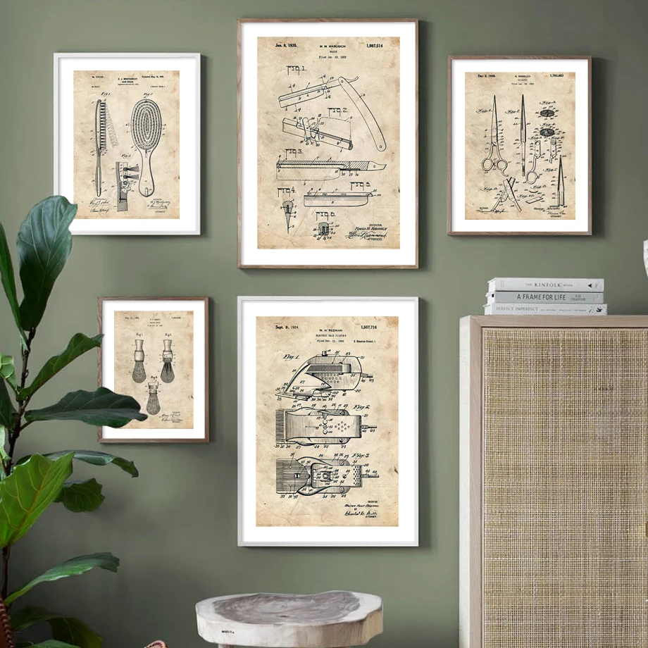 Barber Patent Blueprints Vintage Posters Canvas Painting Prints Shaving Brush Barber's Pole Cutthroat Razor Barbershop Decor
