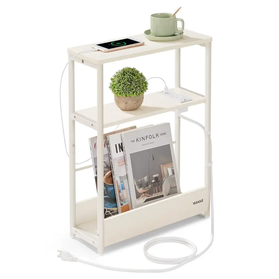 

Side Table with Charging Station, Narrow End Table, 3Tier Nightstand, Sofa Table for Small Spaces, Magazine Rack, for Living Ro