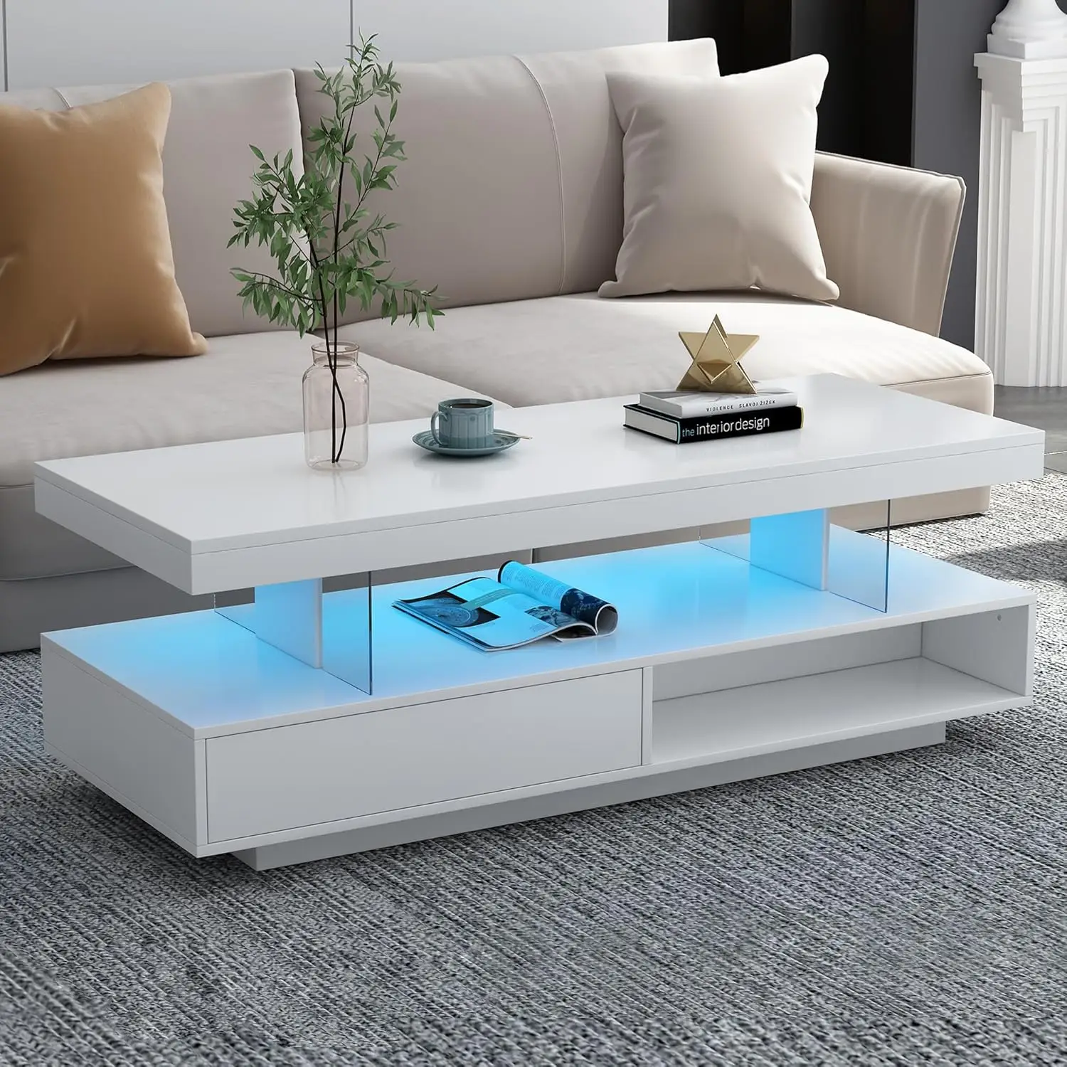 

High Gloss LED Coffee Table Storage Drawers Display Shelves Living Room 51.2inch White Customized
