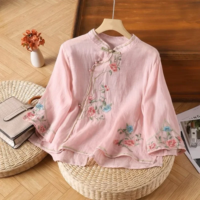 Cotton Linen Women's Shirt Summer Embroidery Chinese Style Blouses Trend 2024 Clothing SALES Loose Vintage Short Women Tops