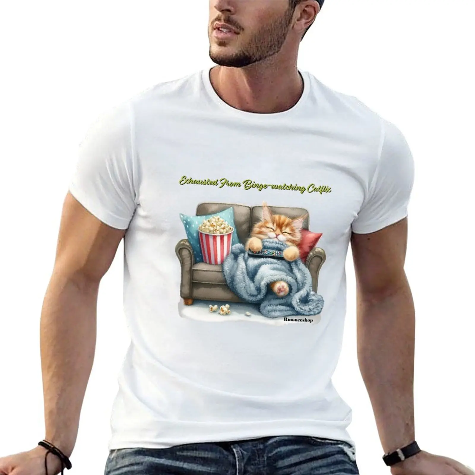 

Exhausted From Binge-watching Catflix T-Shirt t shirts for man pack white t shirts for man graphic vintage T-Shirt