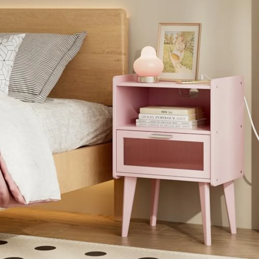 

Pink Nightstand with Charging Station and 2-Tier Storage for Bedroom and Living Room MLBZ07PE