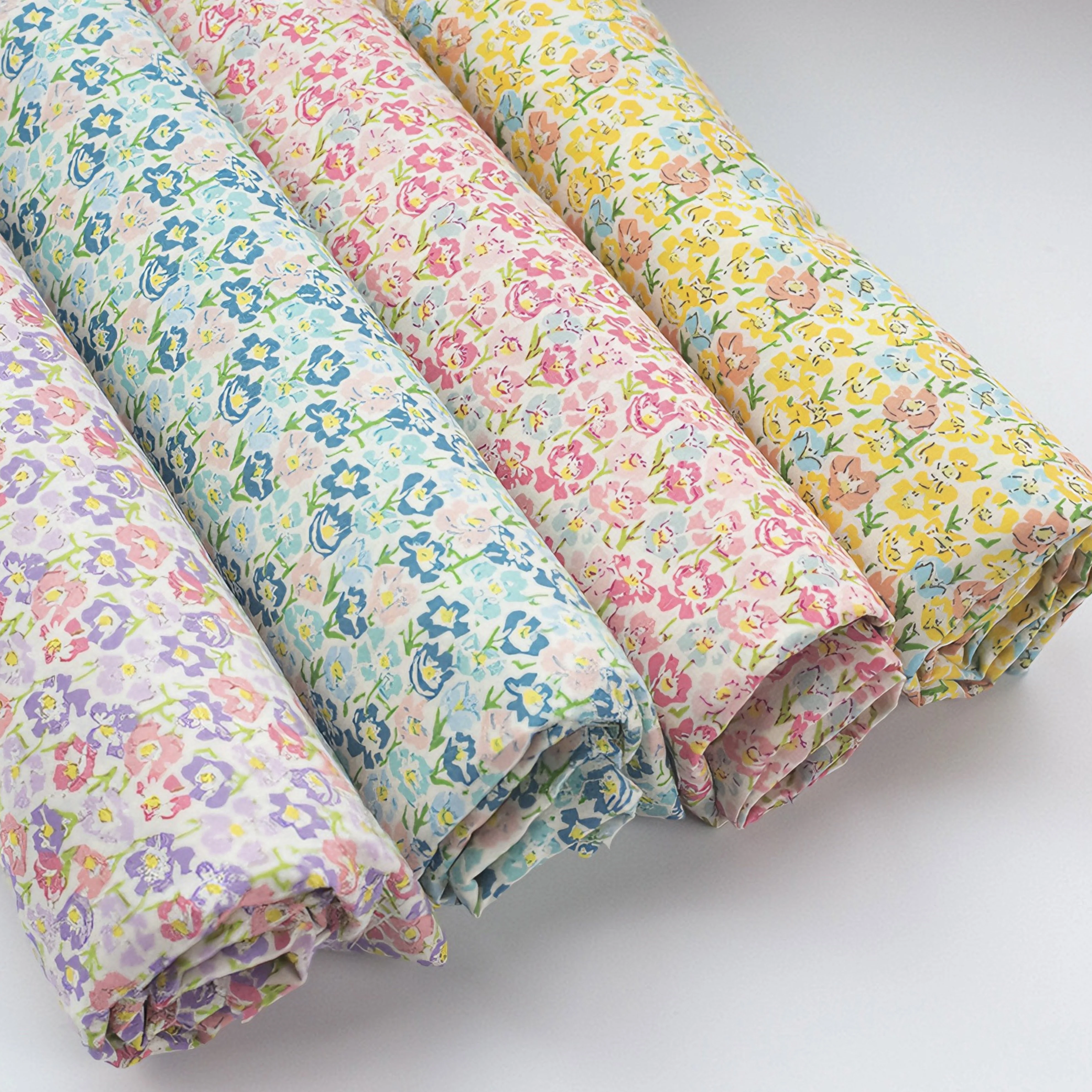 Pastel Hued Small Floral Print 100% Cotton Fabrics Set in Lilac Blue Pink and Yellow Ideal for Dressmaking and DIY Decor Design