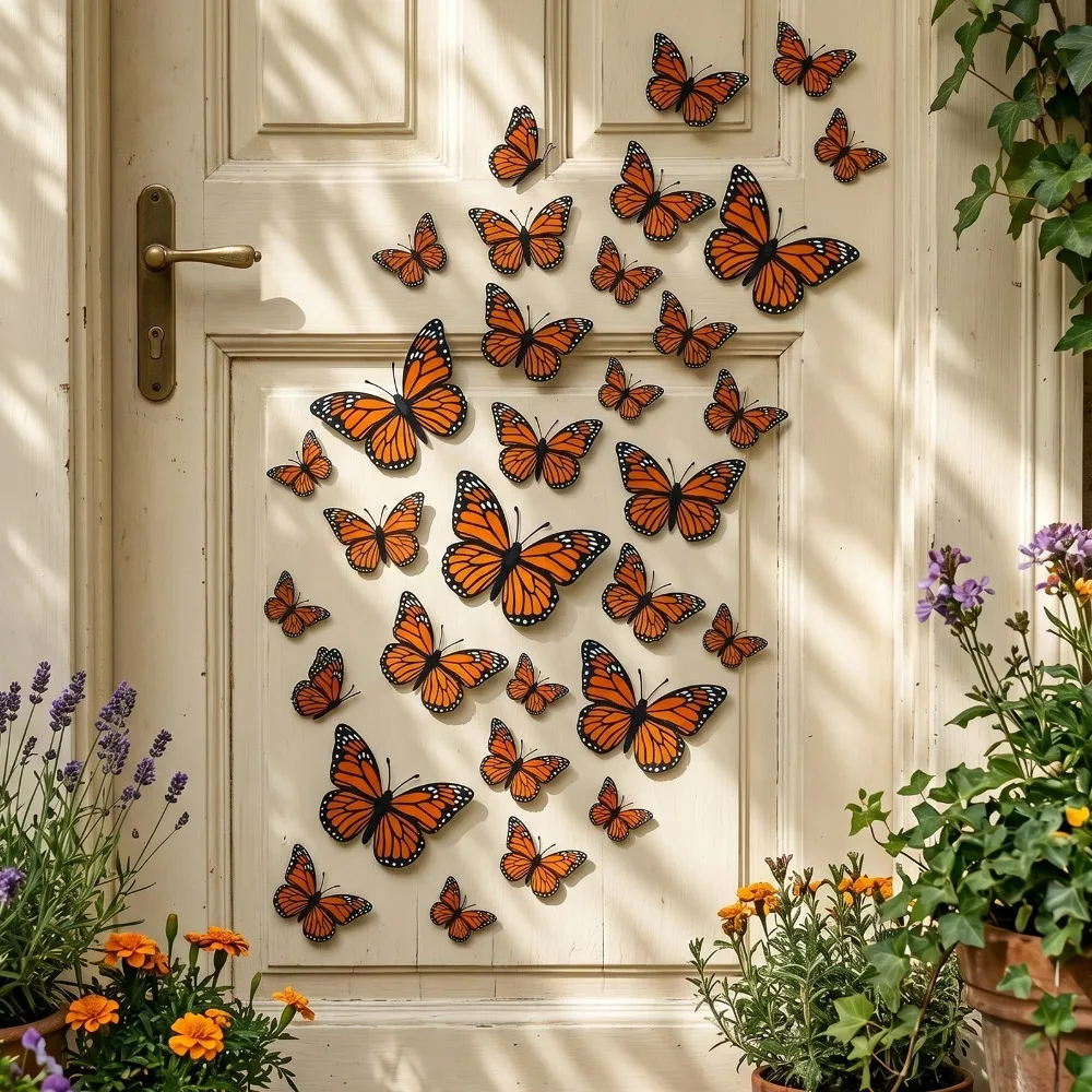 3 Sets Contains 12pcs Self Adhesive Simulated 3D Monarch Butterfly Wall Stickers Removable Without Damaging Walls and Glass