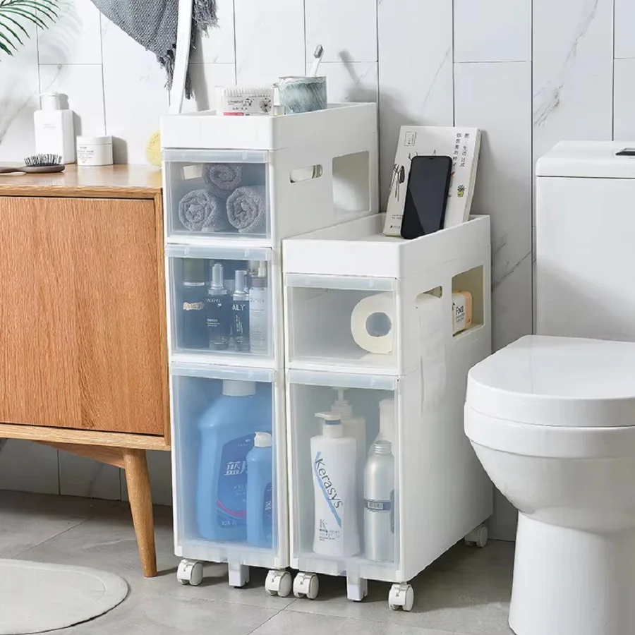 

Kitchen Bathroom Storage Cabinet Installation-Free Toilet Drawer Closestool Crevice Rack Ultra Narrow Organizer Rack Shelves