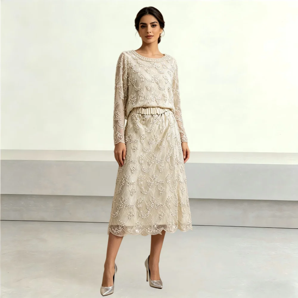 Conjunto de Dos Piezas de Lujo con Cuentas Hechas a Mano, Top de Manga Larga y Falda Midi en Línea A, Traje Formal para Mujer, Ideal para Bodas y Eventos Nocturnos