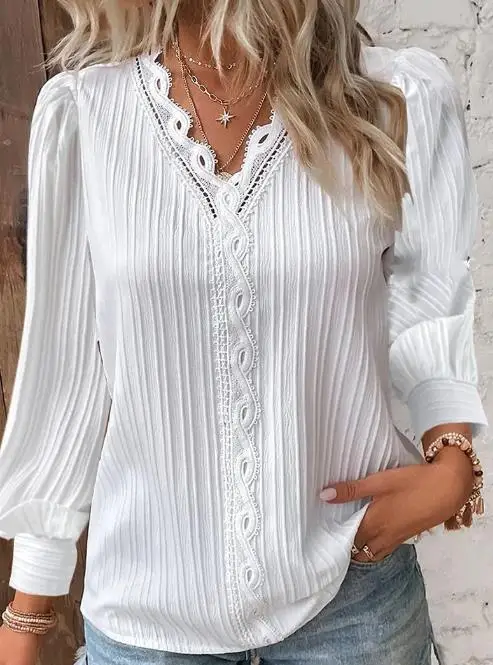 

2023 Fashion New Casual Autumn Long-Sleeved V-Neck Lace Stitching Shirt Blouse Women's Clothing Pullover Tops