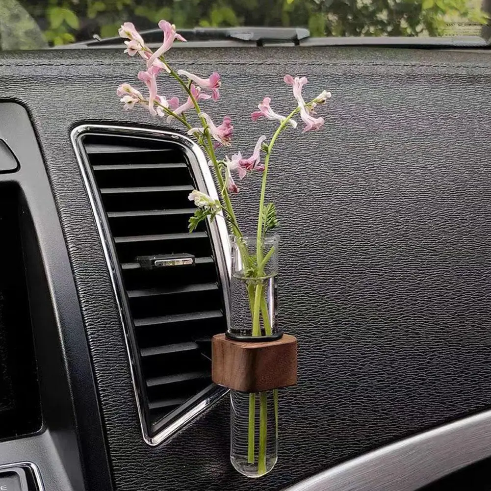 Simple Black Walnut Solid Wood Car Hydroponic Test Tube Flower Plant Car Interior Vase Air Conditioning Outlet Decoration