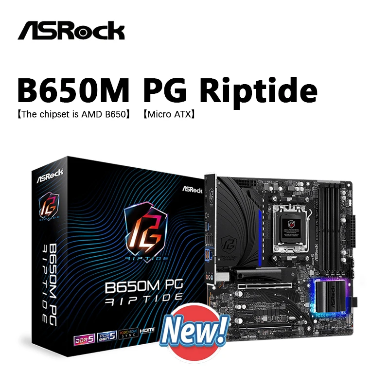 

ASROCK New B650M PG Riptide Micro-ATX Ryzen AMD B650 DDR5 6200+(OC)MHz M.2 USB3.2 Max-192G Double Channel Socket AM5 Motherboard