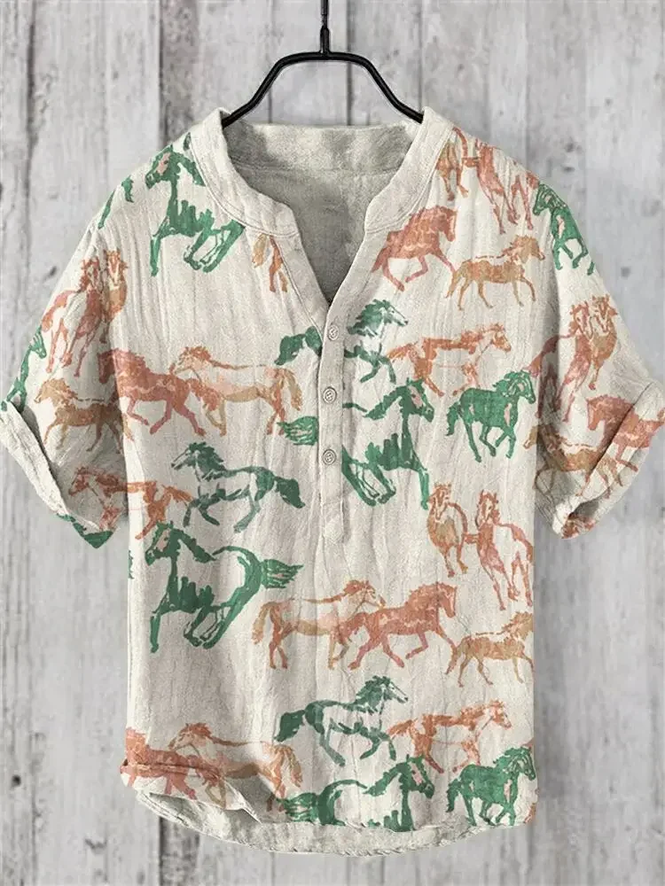 Camicia hawaiana antica stampata cinese Loong della mascotte cinese camicia a maniche corte in lino da uomo transfrontaliera