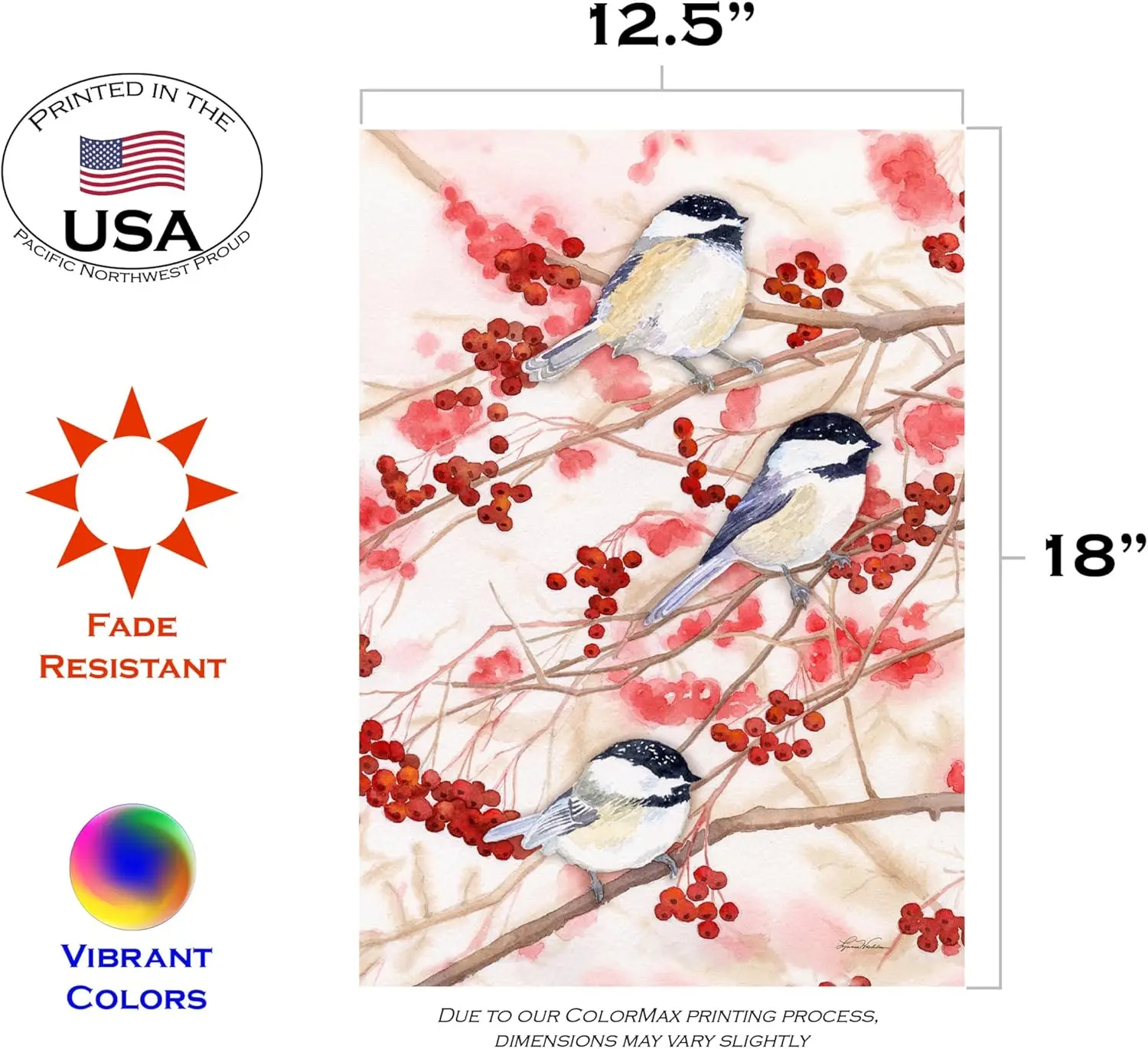 Toland Home Garden 1110443 Chickadees and Berries Spring Flag 12x18 Inch Double Sided Spring Garden Flag for Outdoor House Bird