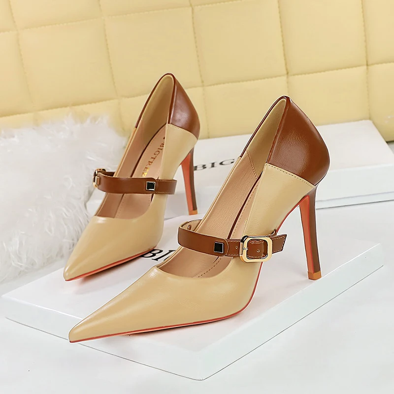 

Genuine Leather Stiletto Heels Mixed Colors Spring Black Beige Pointed Women's Pumps Elegant Lady Metal Buckles Shoes For Women