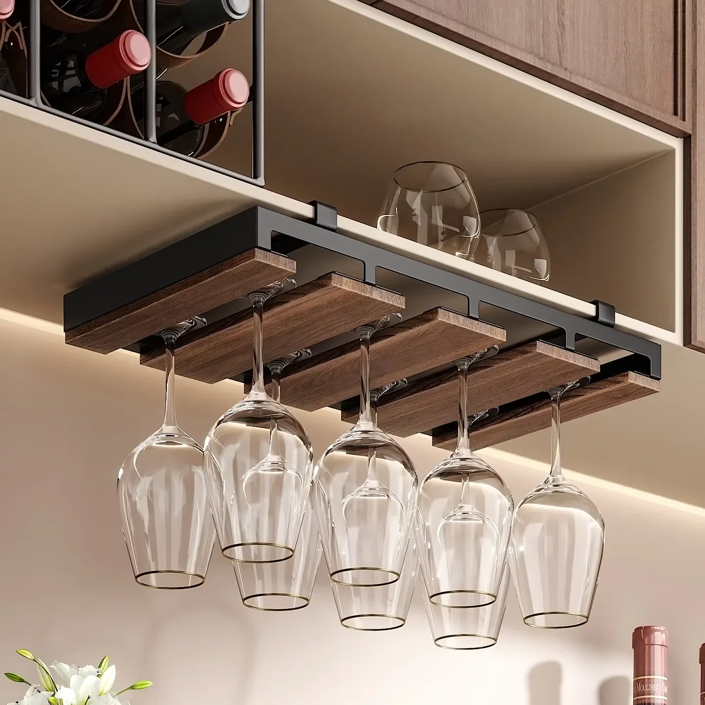 Vintage Walnut Wood Single-Tier Inverted Rack Modern Red Wine Glass Storage Shelf for Home Light Luxury High-End Hanging Design