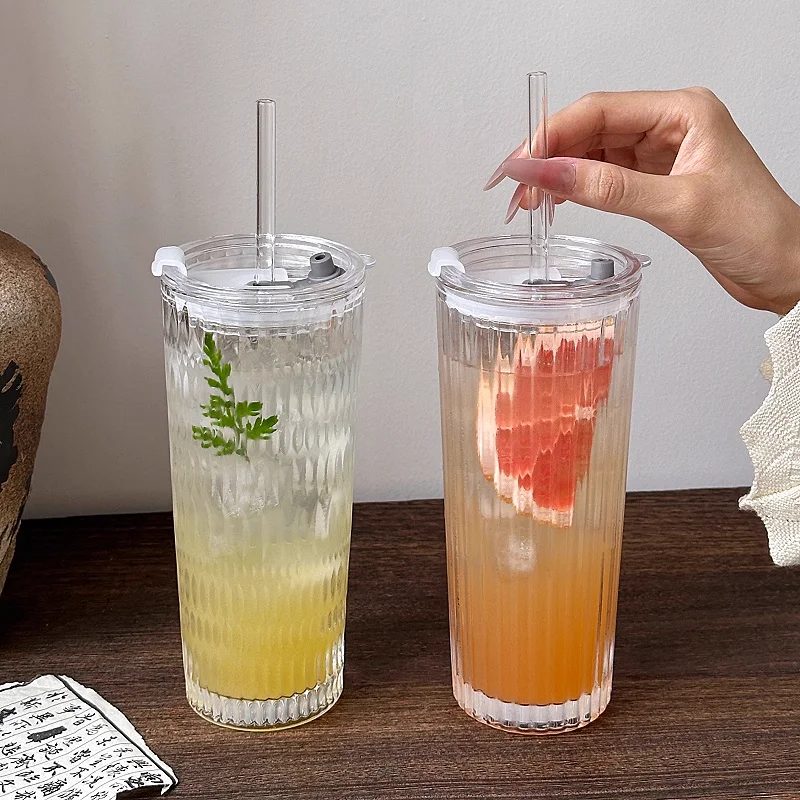 كوب عصير شفاف ذو مظهر عالي القيمة، كوب زجاجي جديد، كوب ماء للمكتب، مشروب ذو سعة كبيرة مع كوب من القش بغطاء ﻿