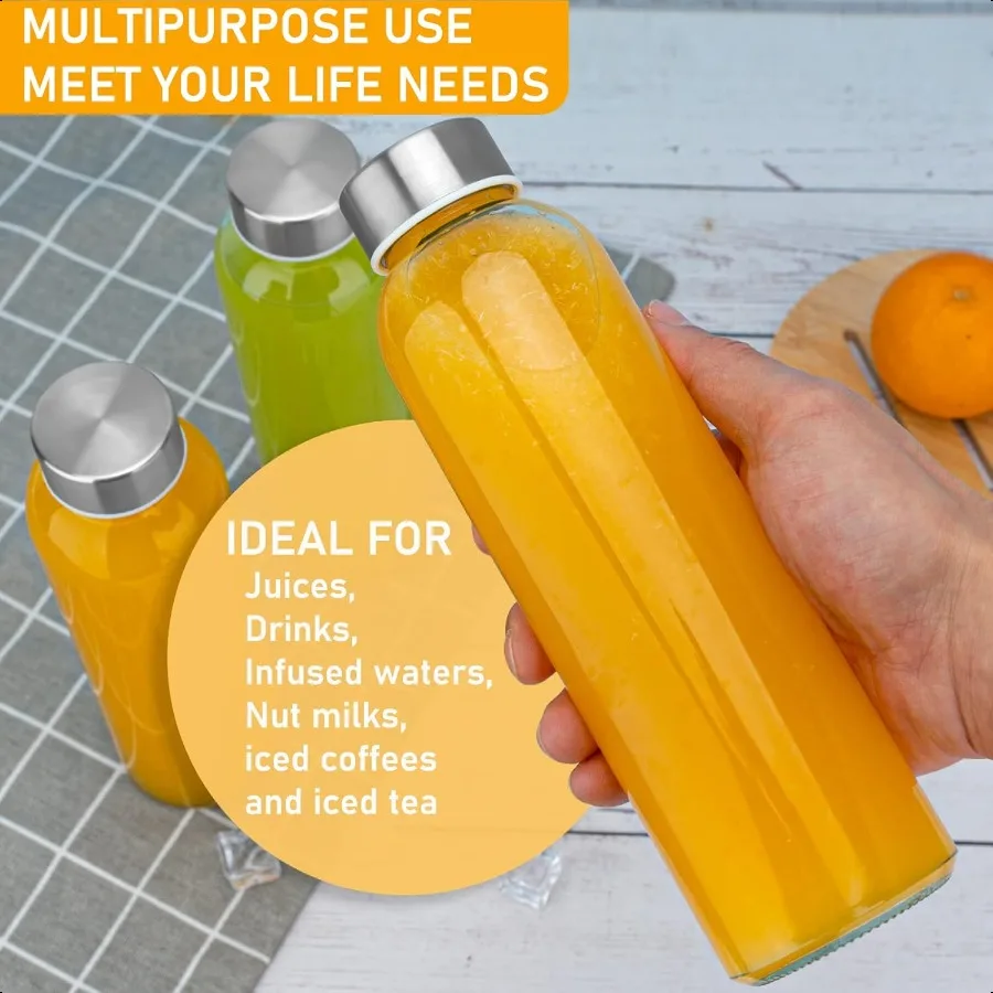 18oz Glass Water Bottle Set of 6 Clear glass juice bottle for juicingReusable Drinking Bottles with Stainl Steel LidBeverage St
