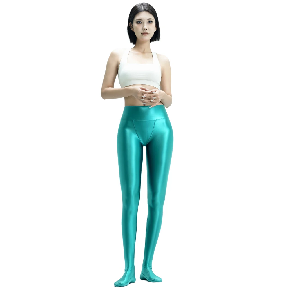 MJINM Damen glänzende, glatte Leggings, Fitness, Yoga, V-Schritt, hohe Taille, Satin-Jeggings, Stretch-Strumpfhose, blickdichte Wetlook-Strumpfhose