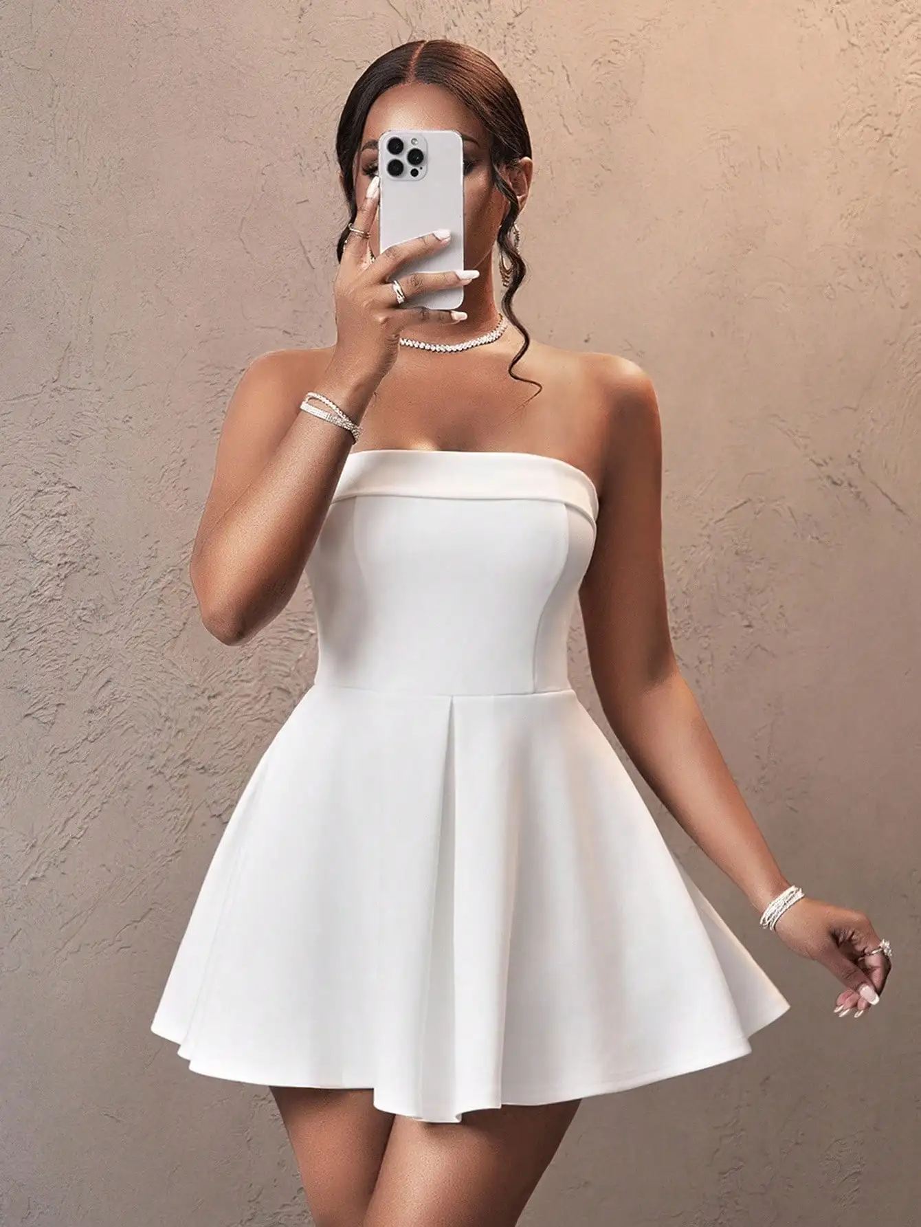 

Elegant Strapless Mini Dress With Flared Skirt For Party Wedding Summer
