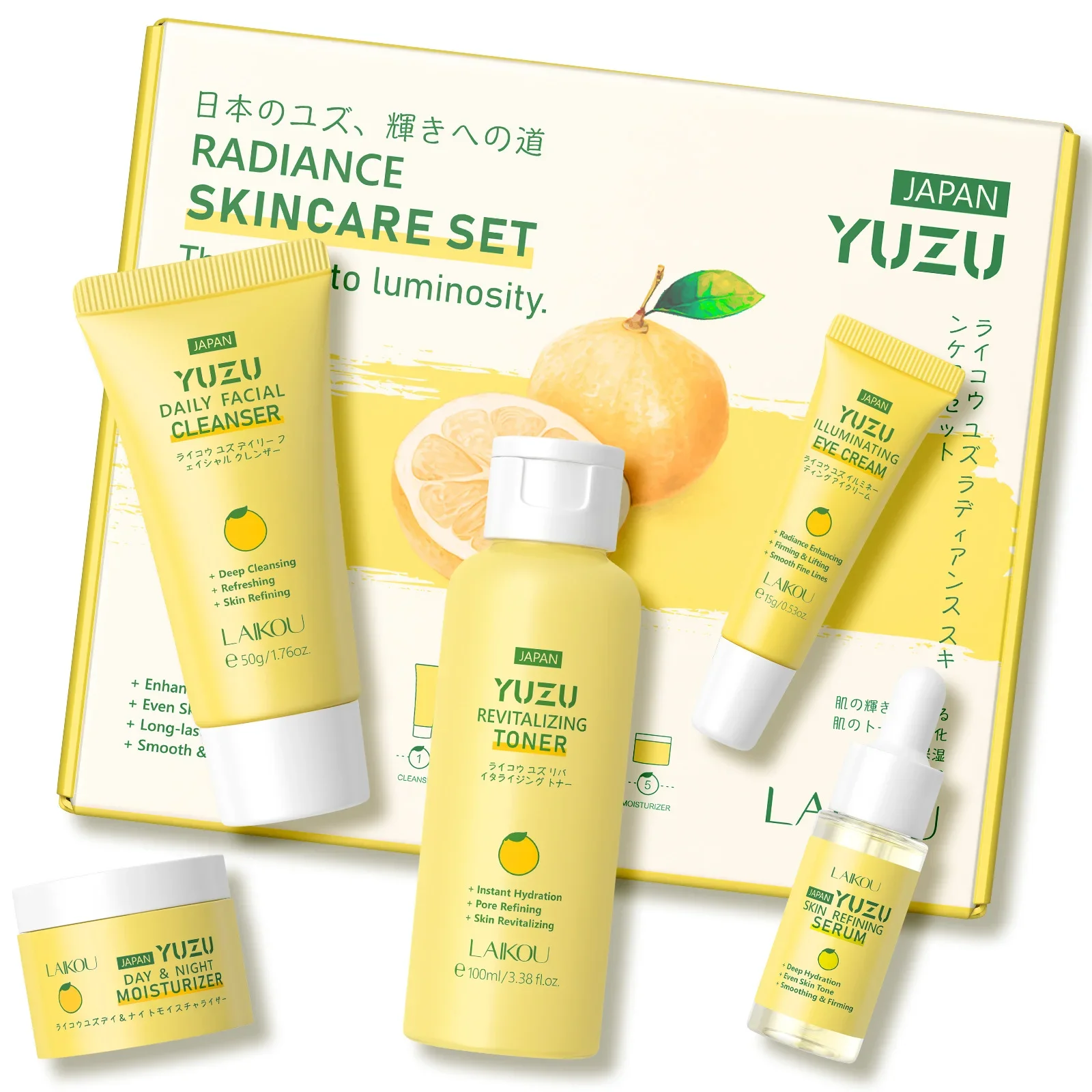 

Laikou Korean Skincare Yuzu VC Travel Set - Cleanser+Moisturizer+Eye Cream for Hydration & Glow