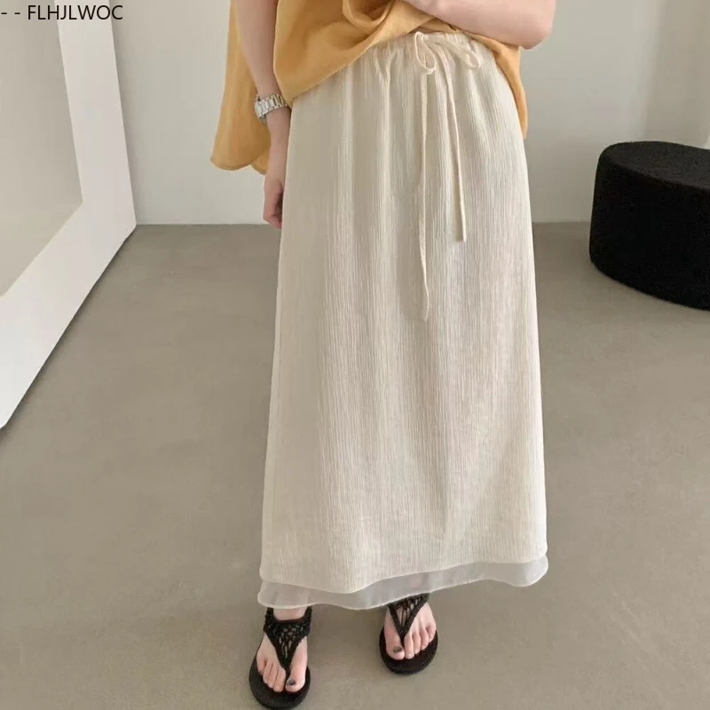 7 Colors European Style Long Skirts New Fashion Y2K FLHJLWOC Women Cute Elastic Waist Shirring Pink Patchwork Mesh Sheer Skirt