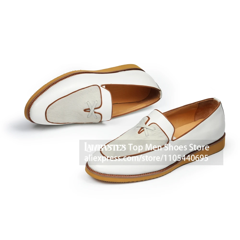 Horsehair Patch Slip Loafers Two Tone Genuine Leather Horse Hair Dress Loafers Contrast Piping Mixed Material Wedding Men Shoes