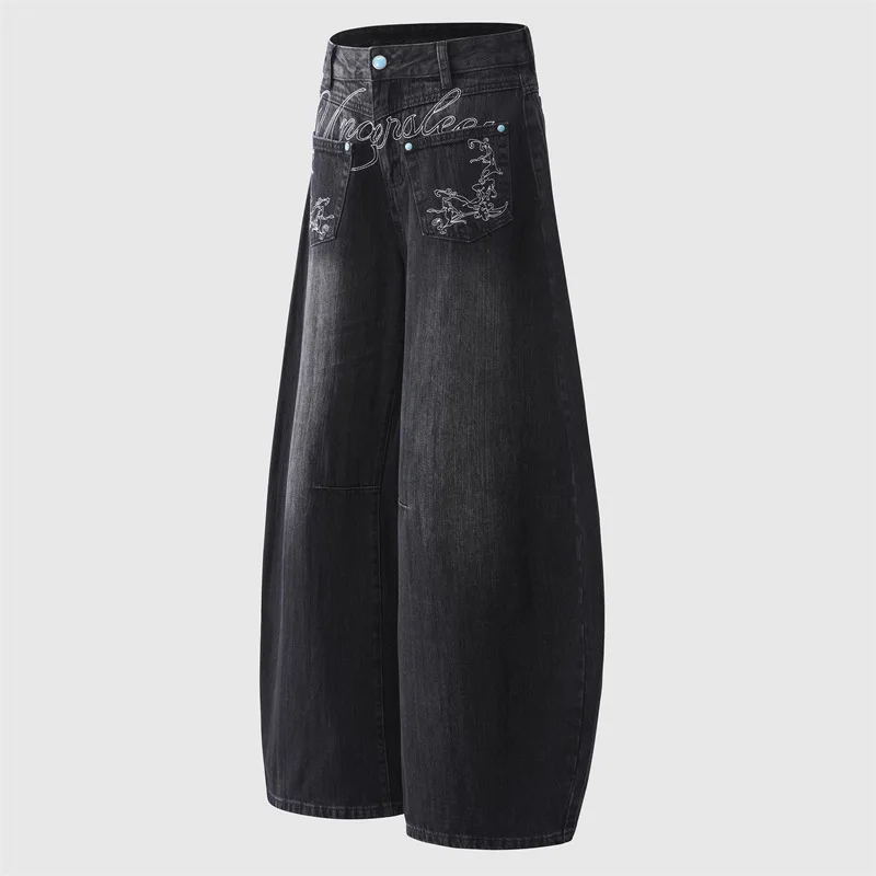 جينز هاي ستريت الأمريكي 2025 |   غسيل مفكك مع تطريز أوفست، سروال فضفاض مناسب بطول الأرض للجنسين لخريف وشتاء