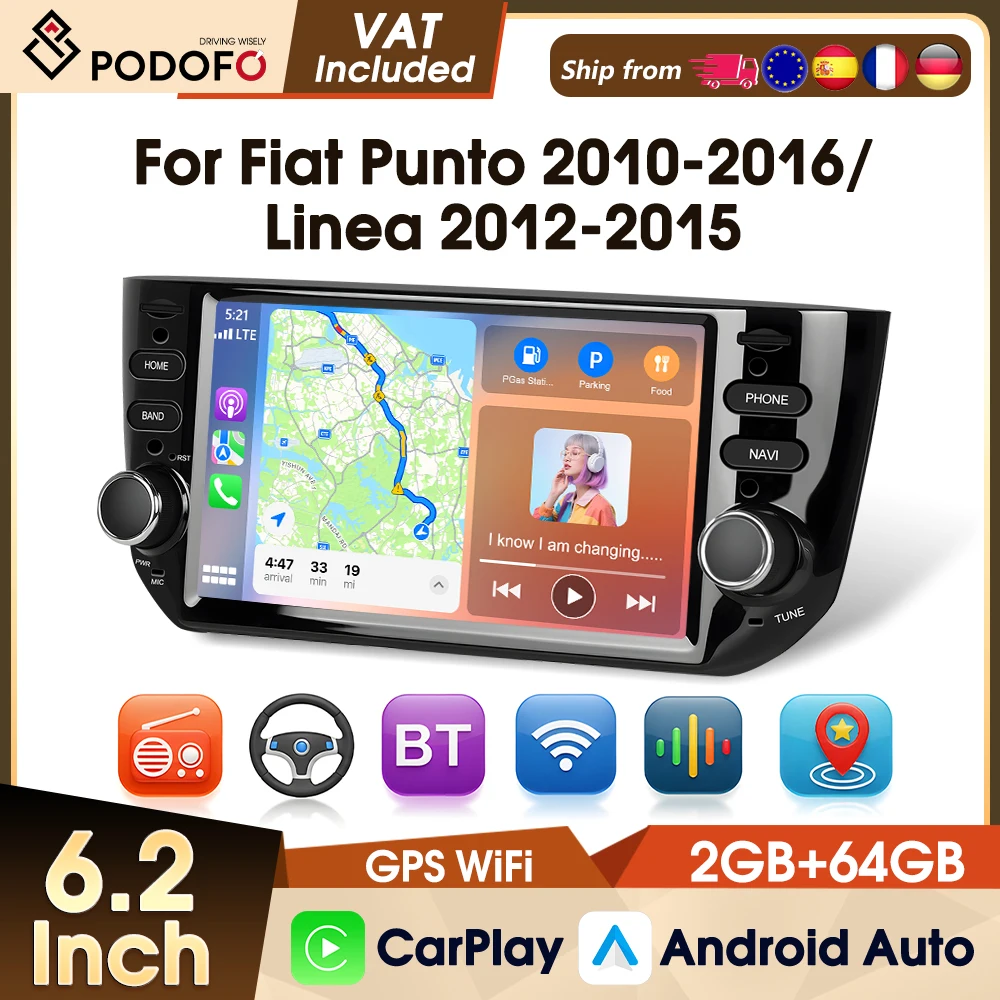 Podofo 6,2 Zoll 2+64G Autoradio für Fiat Punto 10-16/Linea 12-15, kabelloses CarPlay, Android Auto, Multimedia-Videoplayer, FM RDS