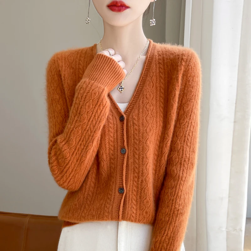 Pure Wool Sweater Cardigan Women Clothe V-neck Sweater Hollow Out Female Long Sleeve Top Autumn Winter Knit Curling Edge Sweater