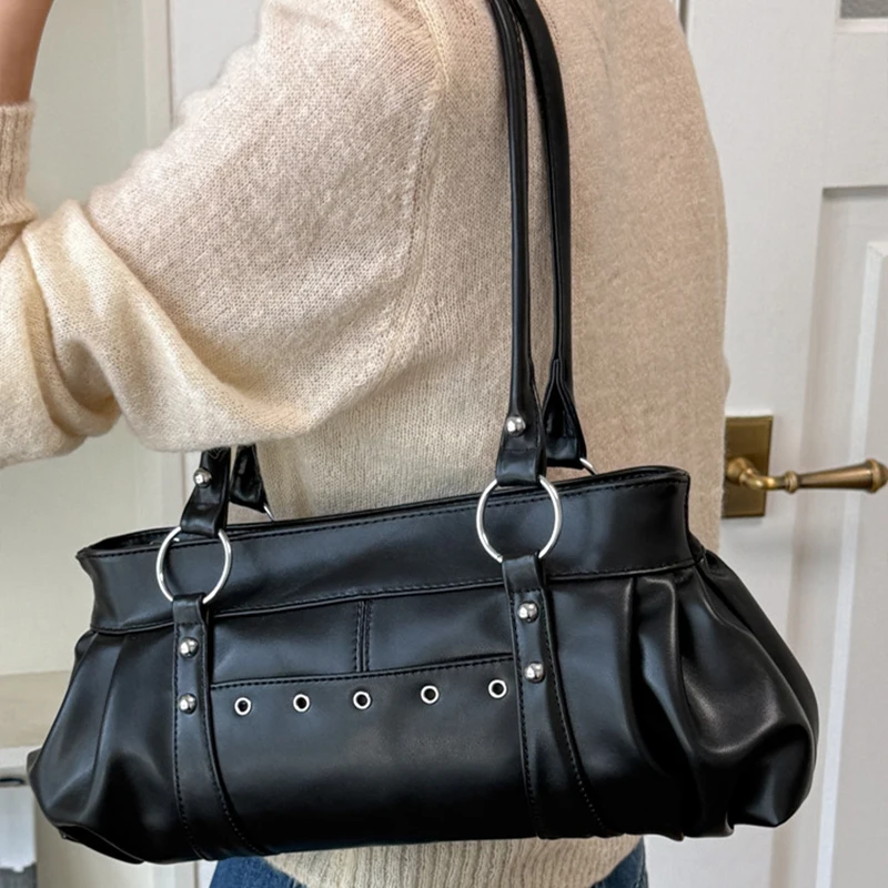 Metallnietenverzierte Unterarm-Schultertasche, Damen Einfarbige Preppy Pendler-Handtasche mit Nieten-Dekor, Koreanische Y2k Mädchen Weiche Casual Tragetasche – Detail 21