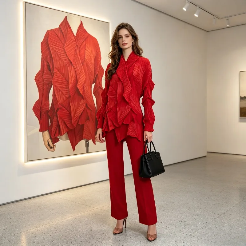 Miyake Pleated Niche Irregular Pleated Jacket Spring Summer New Unique Chic Outerwear Long Sleeve Solid Color Top for Women