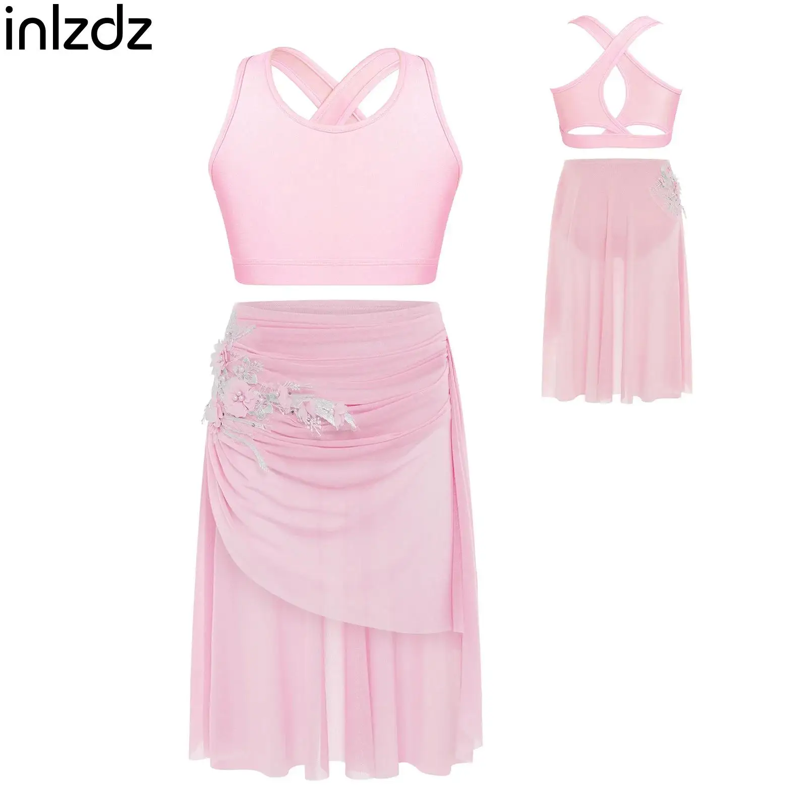 

Children Girls Lyrical Dance Costume Contemporary Modern Dance Clothes Sleeveless Tops Applique Skirts Suit for Stage Show Party