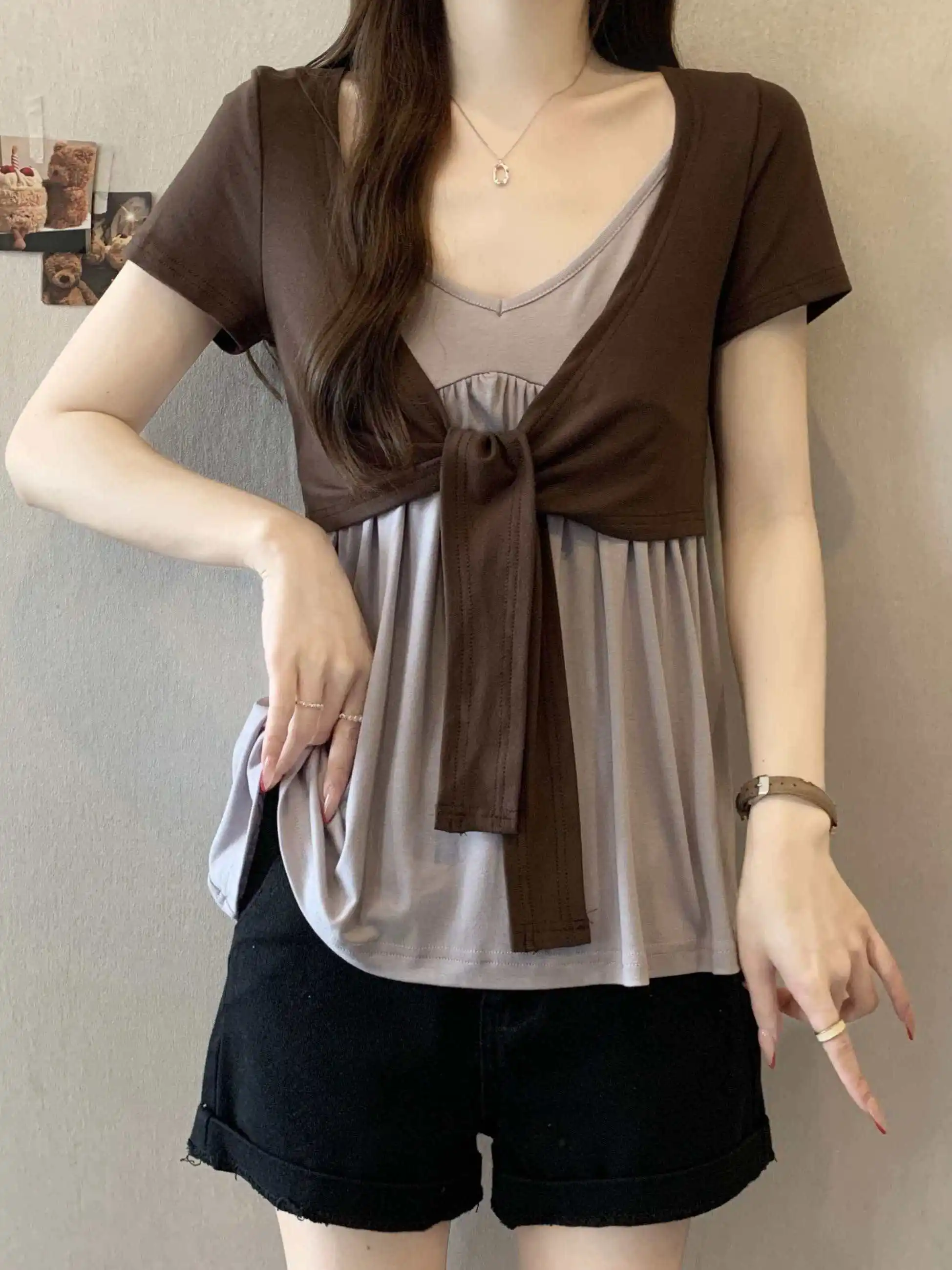 

Летний женский комплект из кардигана с V-образным вырезом и топа с коротким рукавом в стиле тай-дай, утягивающий, с завышенной талией, подчеркивающий фигуру, комплект из двух предметов