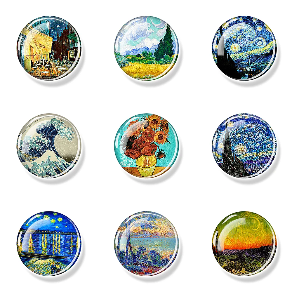 Van Gogh Starry Night Sunflowers Magnet Naklejki na lodówkę Dekoracja domu Lodówka Dekoracja Szklany kryształ Cabochon Art Souvenir