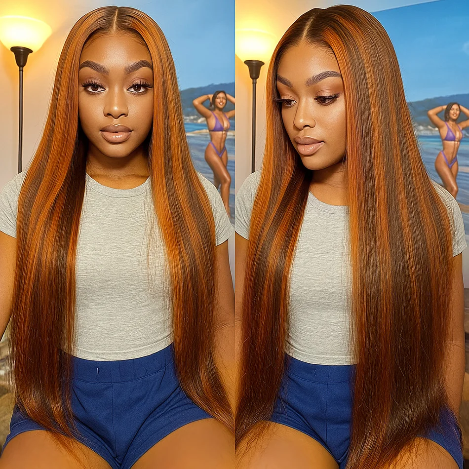 البني الزنجبيل تسليط الضوء على الباروكات شعر الإنسان العظام مستقيم 5x5 الدانتيل أمامي غلويليس قبل قطع أومبير الزنجبيل الملونة خصلات الشعر المستعار للنساء #1